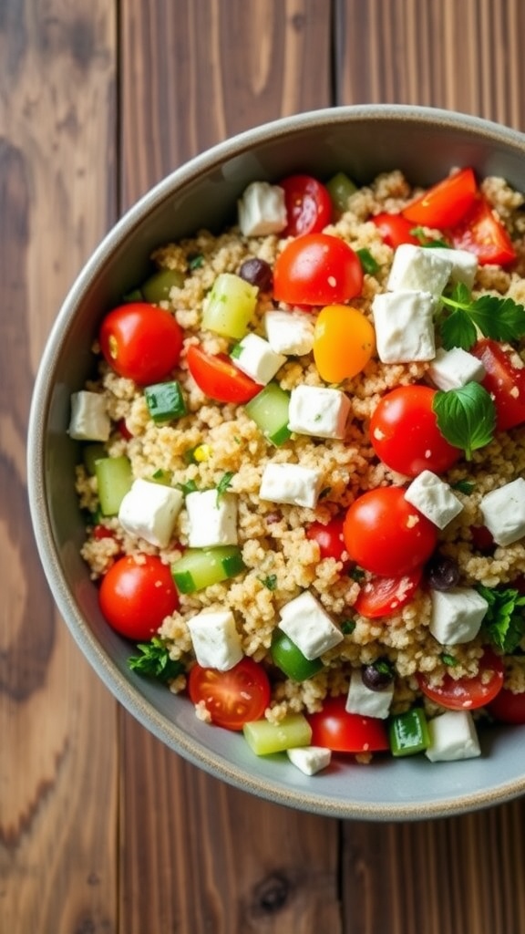 A colorful bowl of Mediterranean quinoa salad with tomatoes, cucumbers, feta, and parsley.